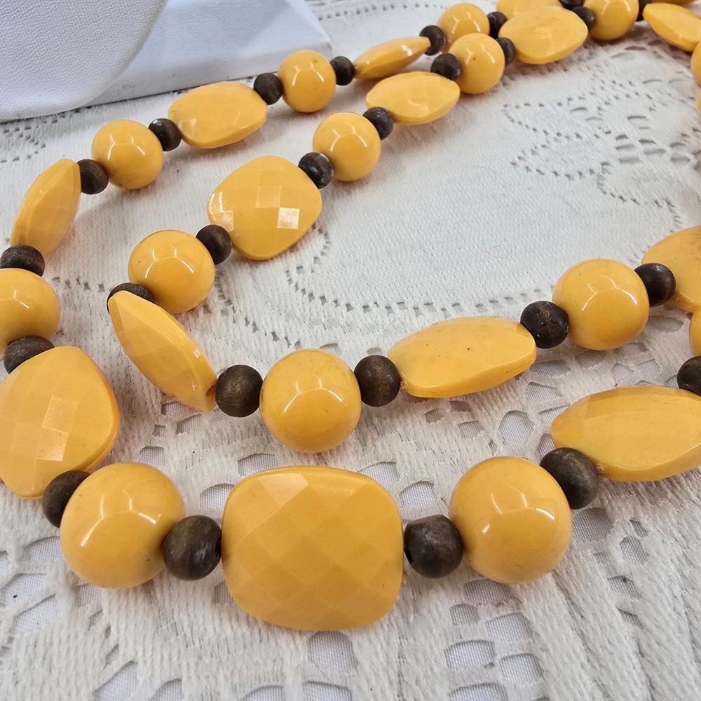 Yellow Beaded Necklace Faceted Acrylic and Wood Long Statement Bohemian Style